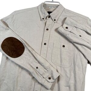 J Crew Mens Tan Button Down Shirt with Suede Leather Elbow Patches Size Medium
